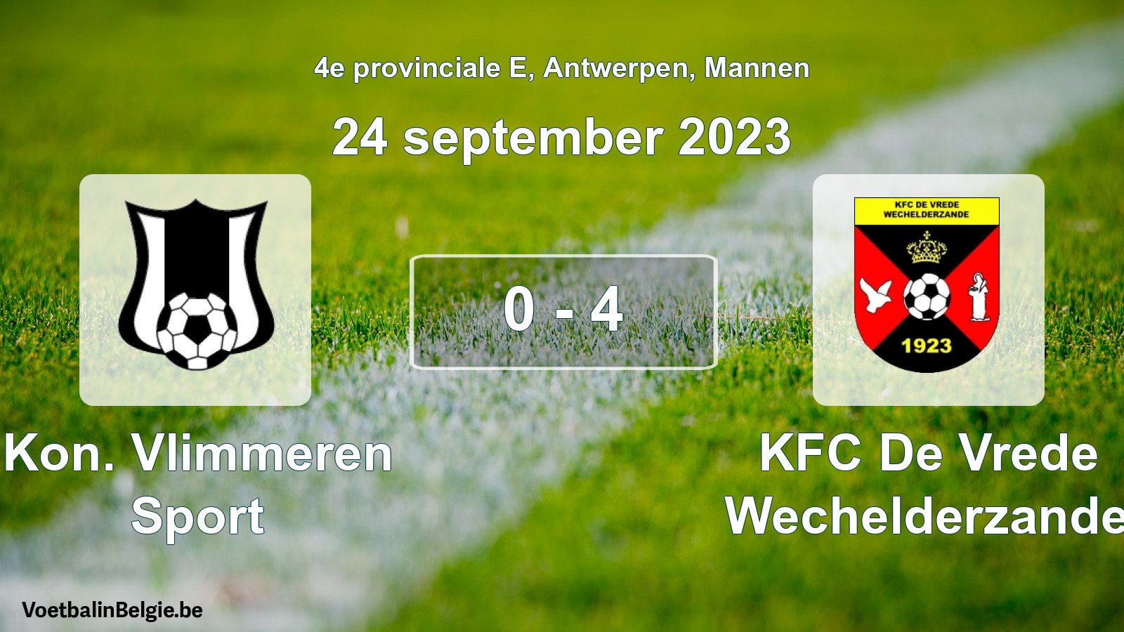 Gespeelde wedstrijd mannenvoetbal: Kon. Vlimmeren Sport - KFC De Vrede Wechelderzande 0 - 4 (24 september 2023)
