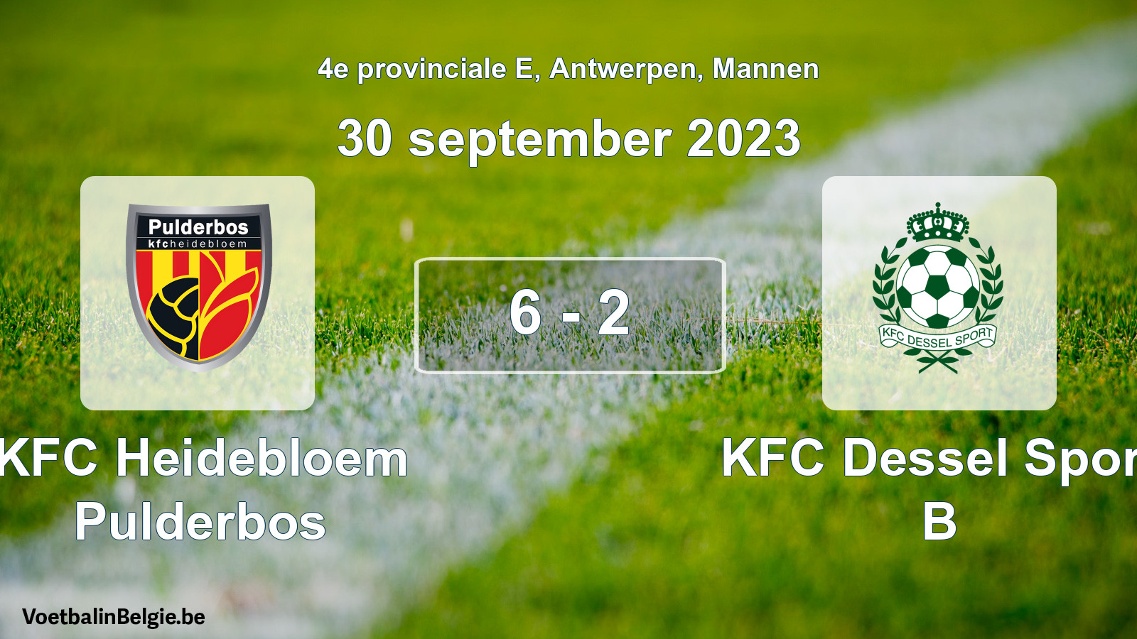 Gespeelde wedstrijd mannenvoetbal: KFC Heidebloem Pulderbos - KFC Dessel Sport B 6 - 2 (30 september 2023)