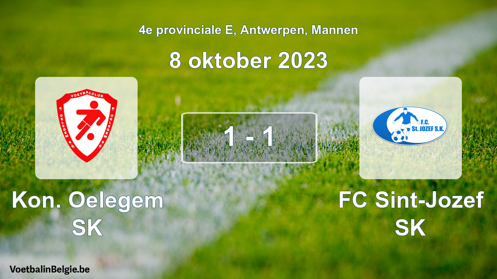 Gespeelde wedstrijd mannenvoetbal: Kon. Oelegem SK - FC Sint-Jozef SK 1 - 1 (8 oktober 2023)