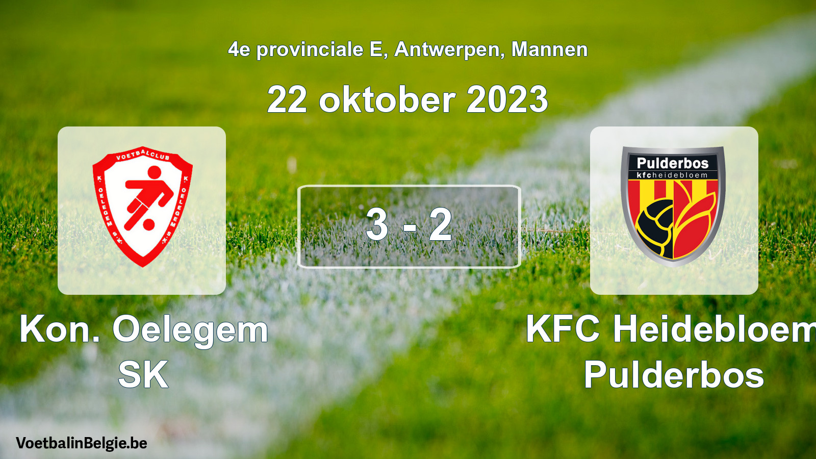Gespeelde wedstrijd mannenvoetbal: Kon. Oelegem SK - KFC Heidebloem Pulderbos 3 - 2 (22 oktober 2023)