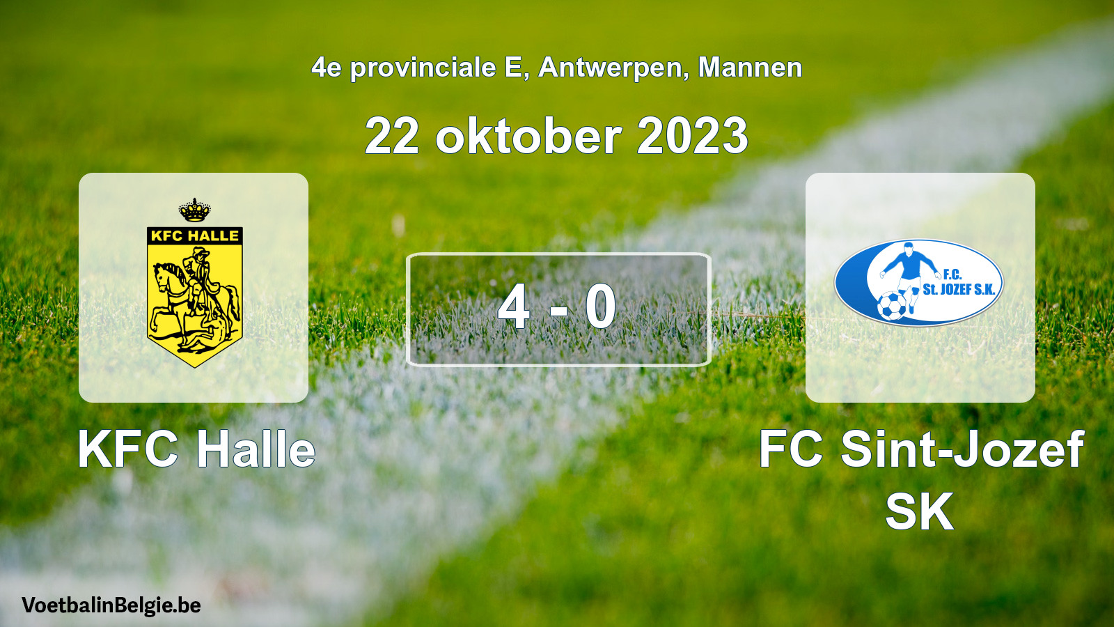 Gespeelde wedstrijd mannenvoetbal: KFC Halle - FC Sint-Jozef SK 4 - 0 (22 oktober 2023)