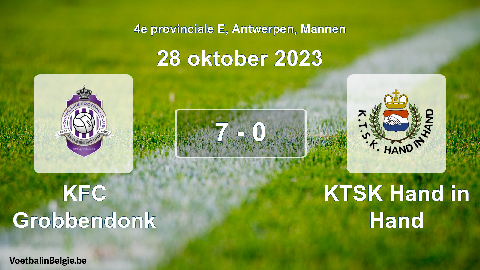 Gespeelde wedstrijd mannenvoetbal: KFC Grobbendonk - KTSK Hand in Hand 7 - 0 (28 oktober 2023)