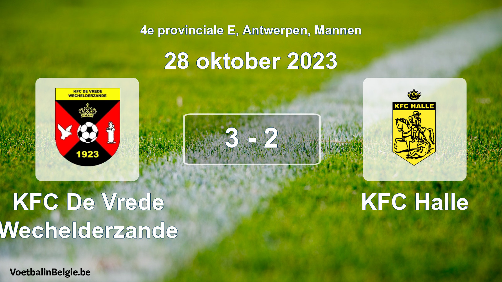 Gespeelde wedstrijd mannenvoetbal: KFC De Vrede Wechelderzande - KFC Halle 3 - 2 (28 oktober 2023)