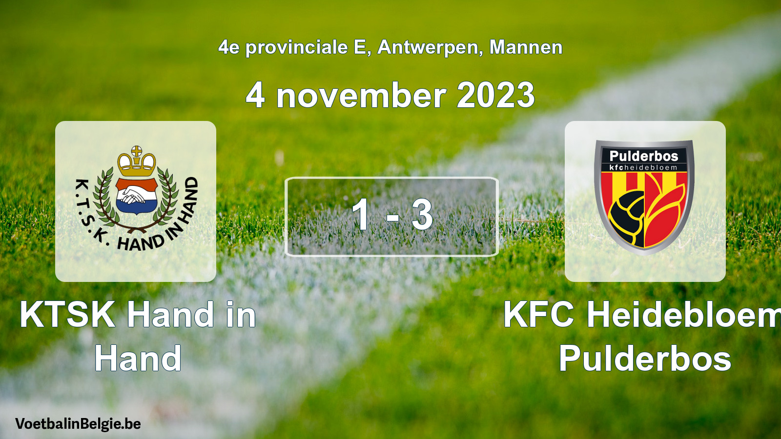 Gespeelde wedstrijd mannenvoetbal: KTSK Hand in Hand - KFC Heidebloem Pulderbos 1 - 3 (4 november 2023)