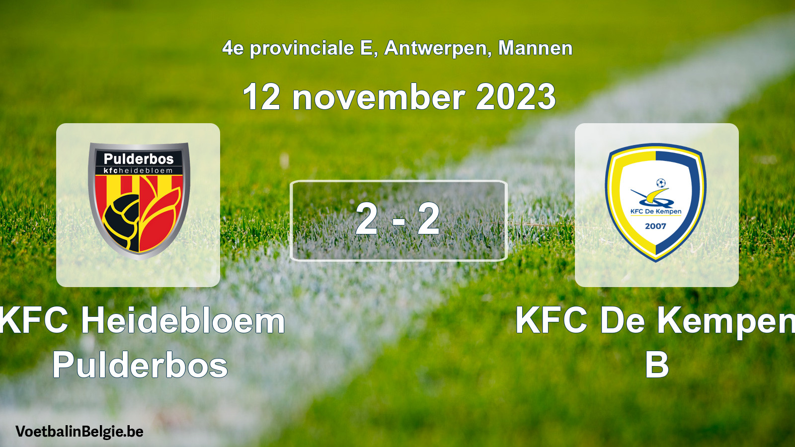 Gespeelde wedstrijd mannenvoetbal: KFC Heidebloem Pulderbos - KFC De Kempen B 2 - 2 (12 november 2023)
