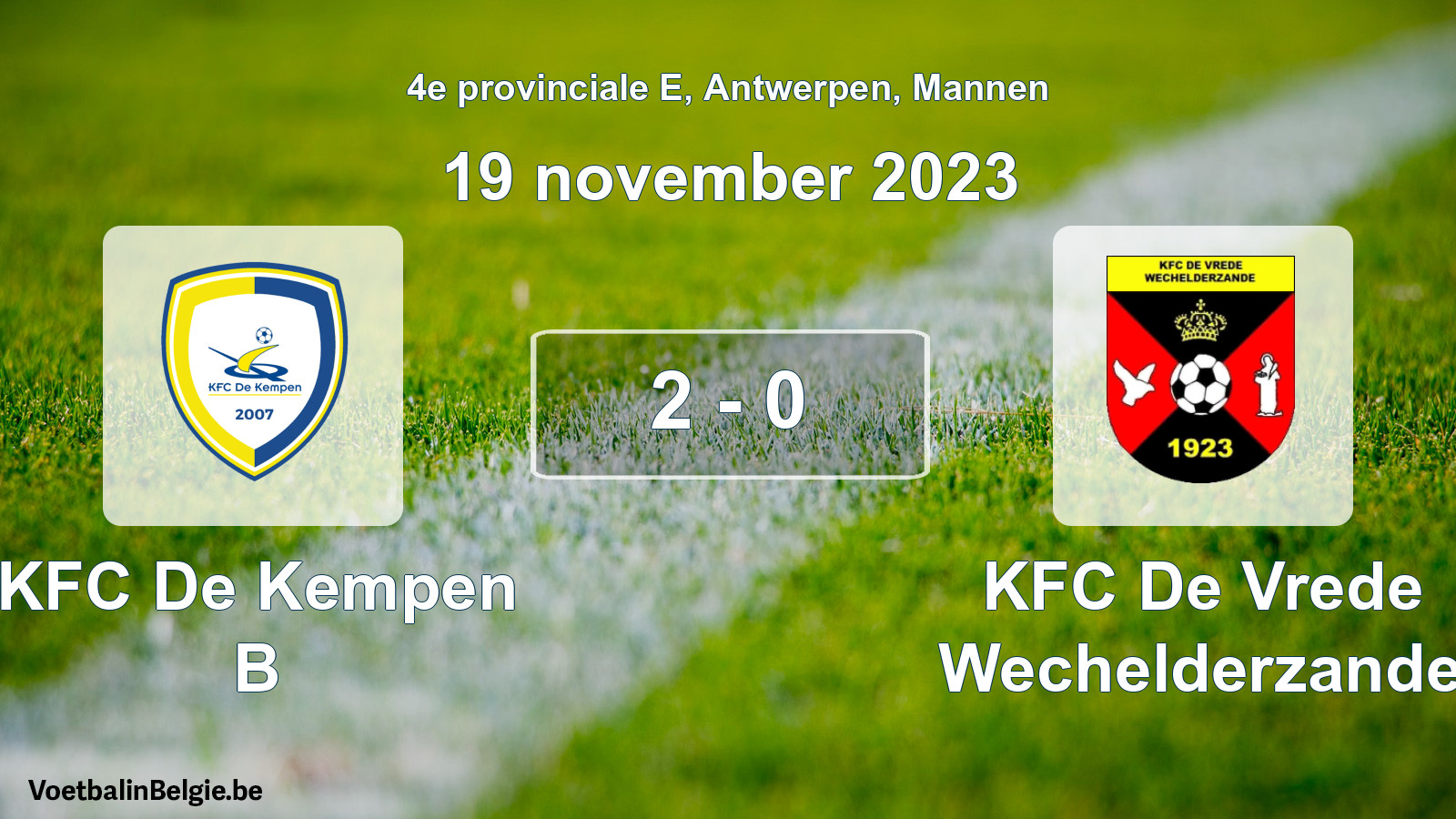 Gespeelde wedstrijd mannenvoetbal: KFC De Kempen B - KFC De Vrede Wechelderzande 2 - 0 (19 november 2023)
