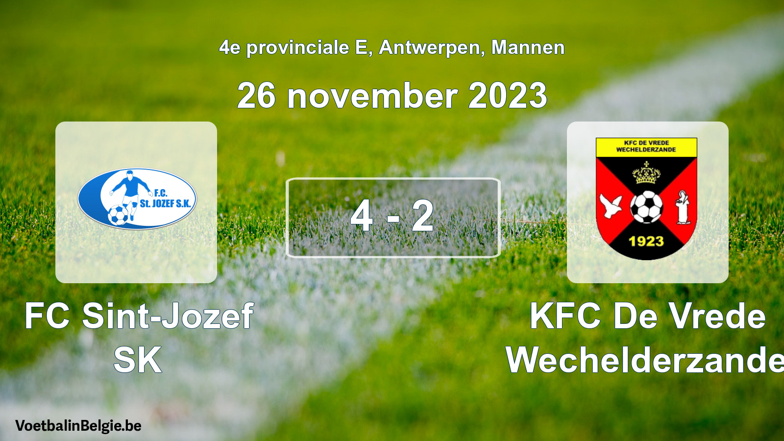 Gespeelde wedstrijd mannenvoetbal: FC Sint-Jozef SK - KFC De Vrede Wechelderzande 4 - 2 (26 november 2023)