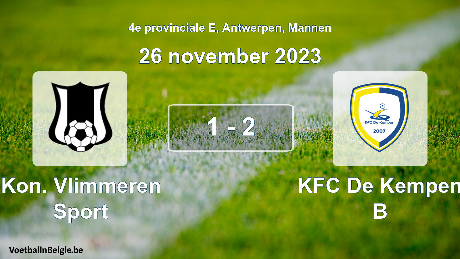 Gespeelde wedstrijd mannenvoetbal: Kon. Vlimmeren Sport - KFC De Kempen B 1 - 2 (26 november 2023)