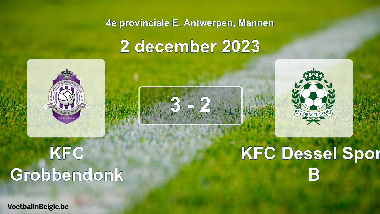 Gespeelde wedstrijd mannenvoetbal: KFC Grobbendonk - KFC Dessel Sport B 3 - 2 (2 december 2023)