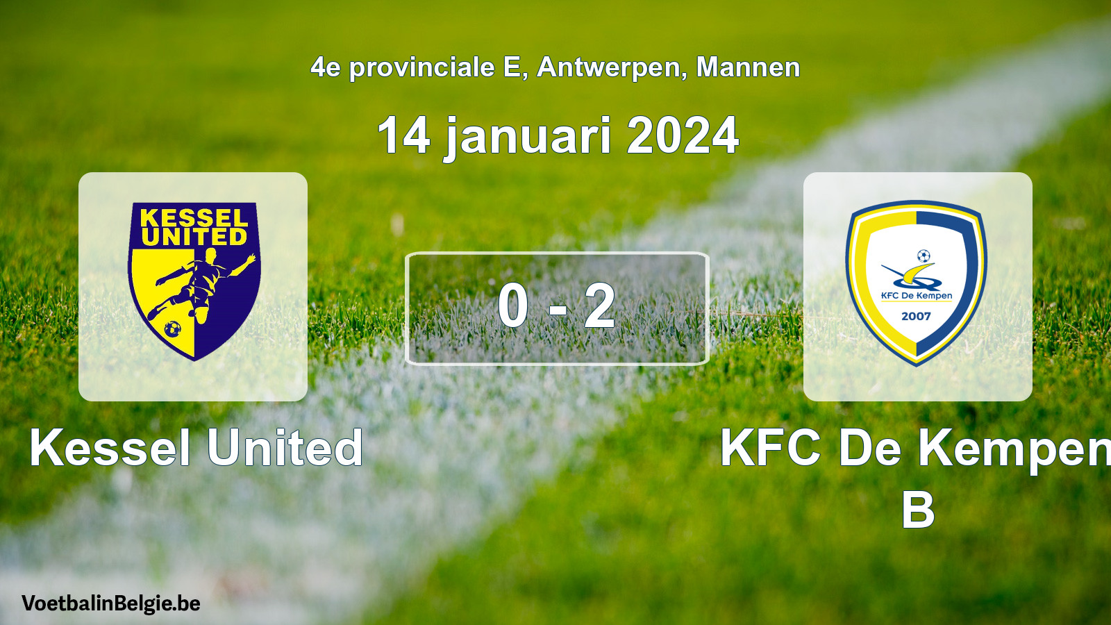 Gespeelde wedstrijd mannenvoetbal: Kessel United - KFC De Kempen B 0 - 2 (14 januari 2024)