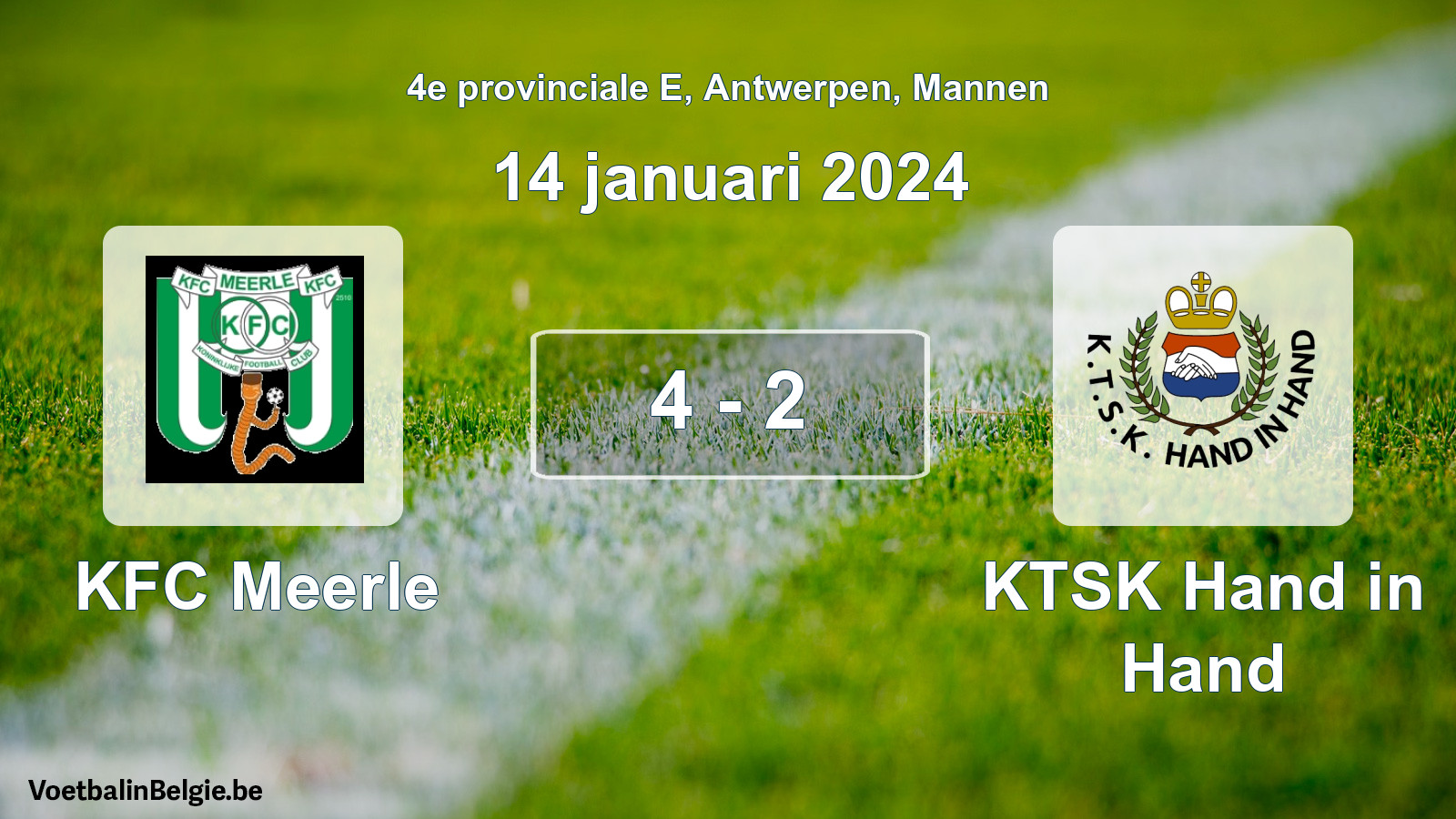 Gespeelde wedstrijd mannenvoetbal: KFC Meerle - KTSK Hand in Hand 4 - 2 (14 januari 2024)