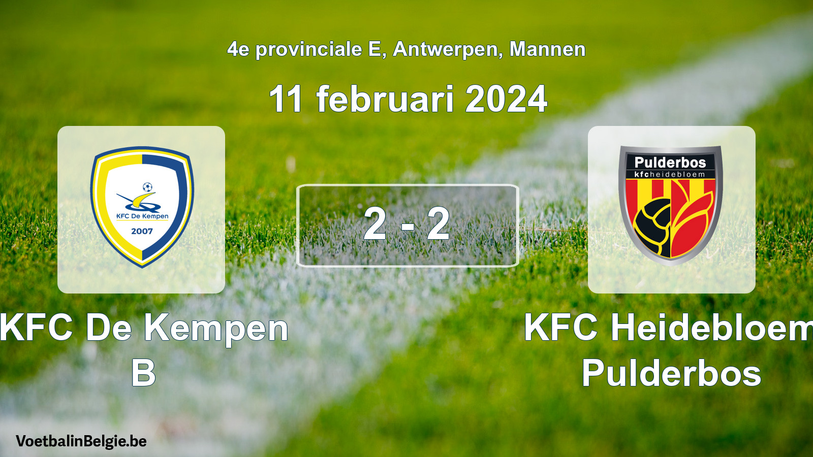 Gespeelde wedstrijd mannenvoetbal: KFC De Kempen B - KFC Heidebloem Pulderbos 2 - 2 (11 februari 2024)