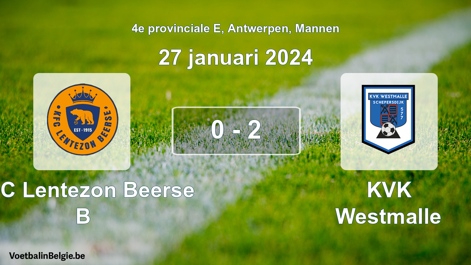 Gespeelde wedstrijd mannenvoetbal: KFC Lentezon Beerse B - KVK Westmalle 0 - 2 (27 januari 2024)