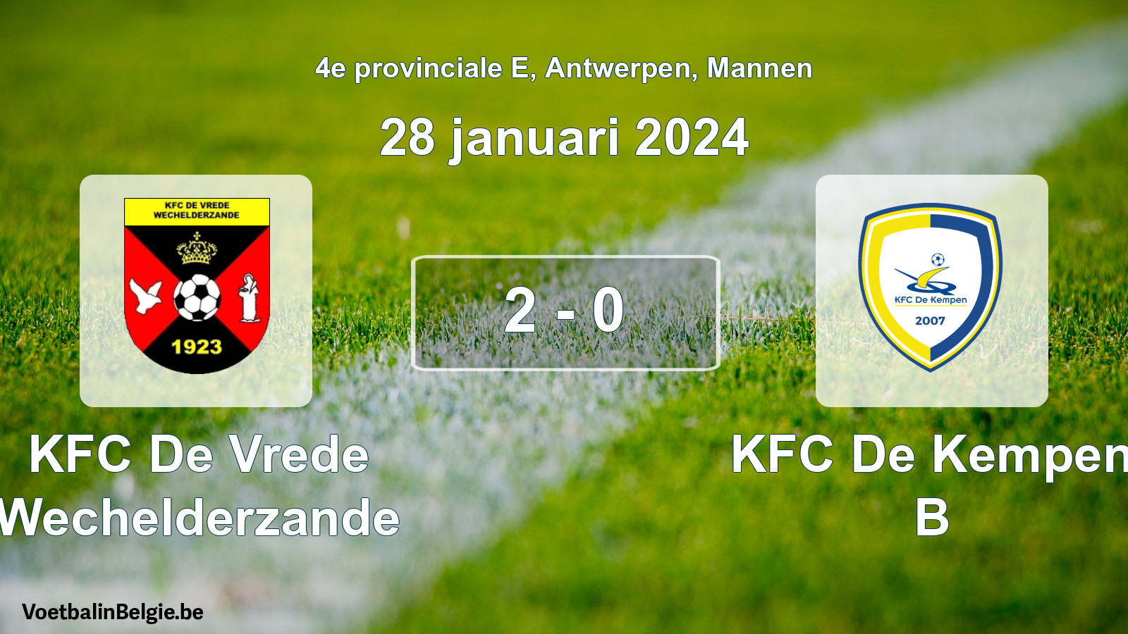 Gespeelde wedstrijd mannenvoetbal: KFC De Vrede Wechelderzande - KFC De Kempen B 2 - 0 (28 januari 2024)