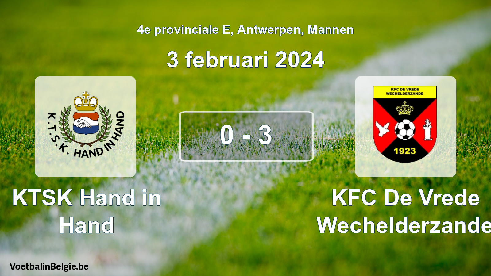 Gespeelde wedstrijd mannenvoetbal: KTSK Hand in Hand - KFC De Vrede Wechelderzande 0 - 3 (3 februari 2024)