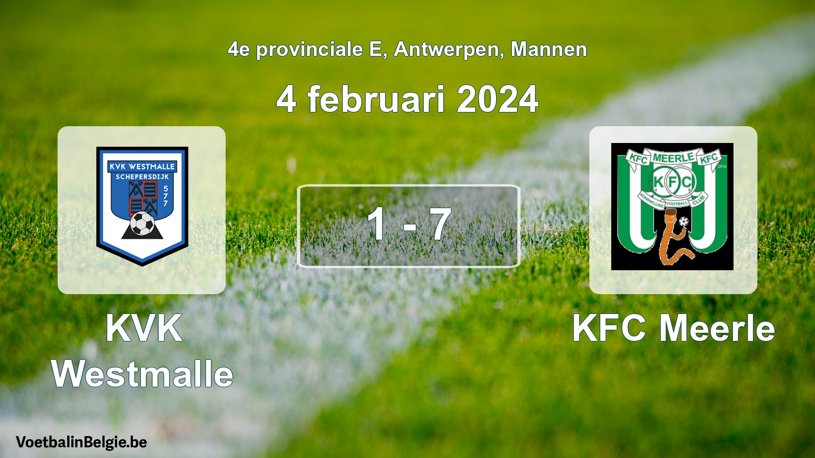 Gespeelde wedstrijd mannenvoetbal: KVK Westmalle - KFC Meerle 1 - 7 (4 februari 2024)