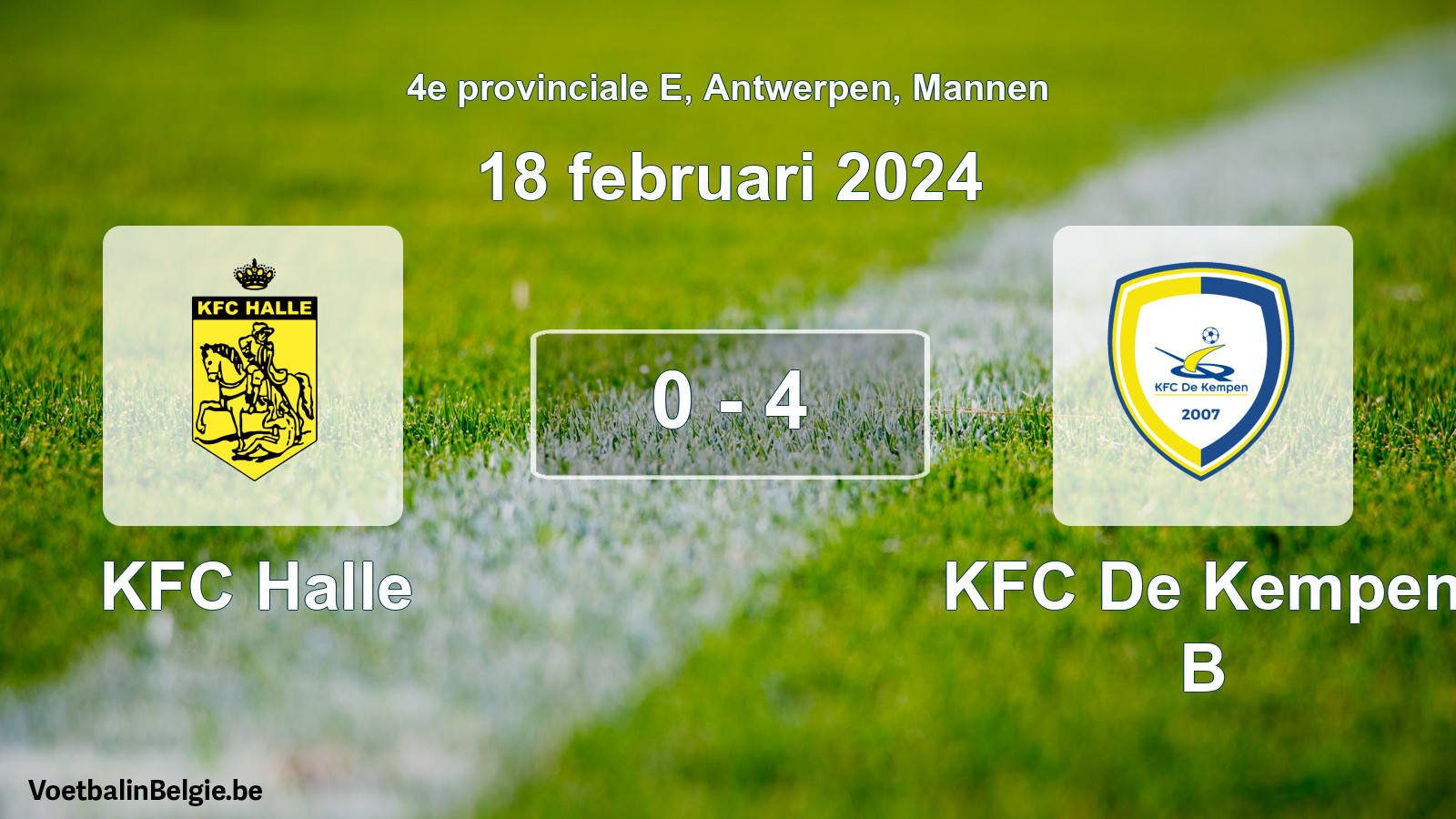Gespeelde wedstrijd mannenvoetbal: KFC Halle - KFC De Kempen B 0 - 4 (18 februari 2024)