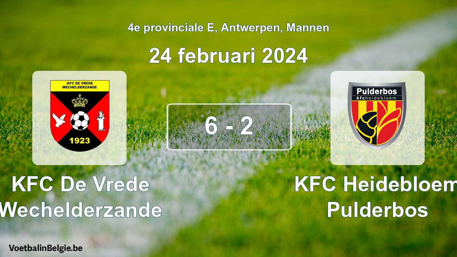 Gespeelde wedstrijd mannenvoetbal: KFC De Vrede Wechelderzande - KFC Heidebloem Pulderbos 6 - 2 (24 februari 2024)