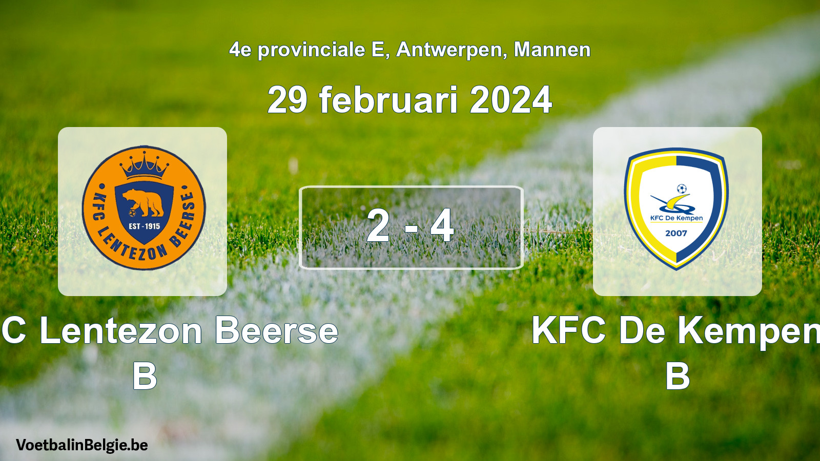Gespeelde wedstrijd mannenvoetbal: KFC Lentezon Beerse B - KFC De Kempen B 2 - 4 (29 februari 2024)