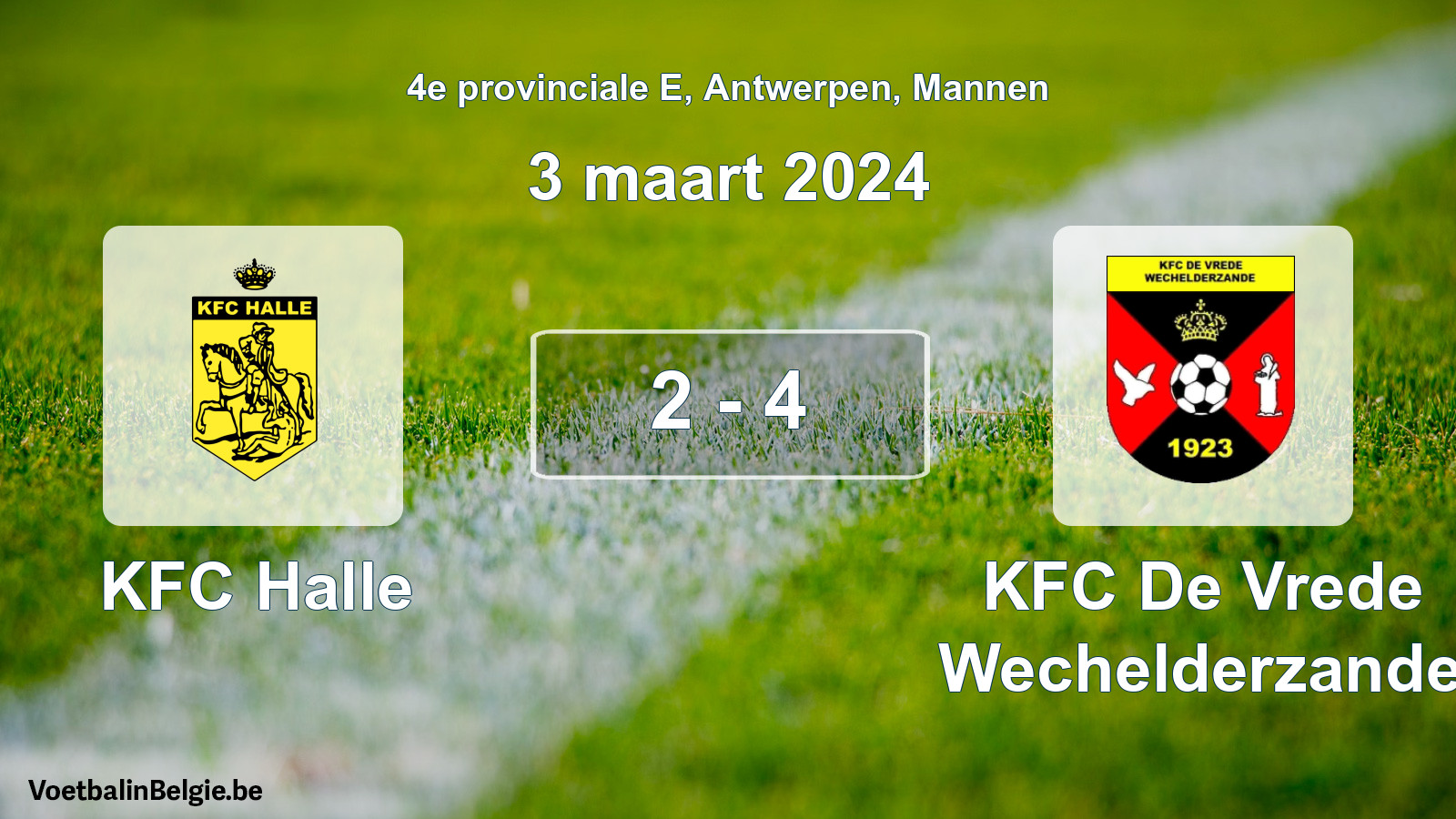 Gespeelde wedstrijd mannenvoetbal: KFC Halle - KFC De Vrede Wechelderzande 2 - 4 (3 maart 2024)