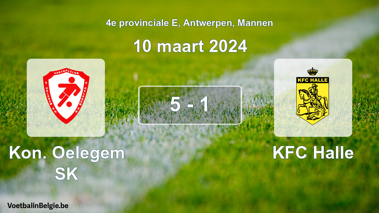 Gespeelde wedstrijd mannenvoetbal: Kon. Oelegem SK - KFC Halle 5 - 1 (10 maart 2024)