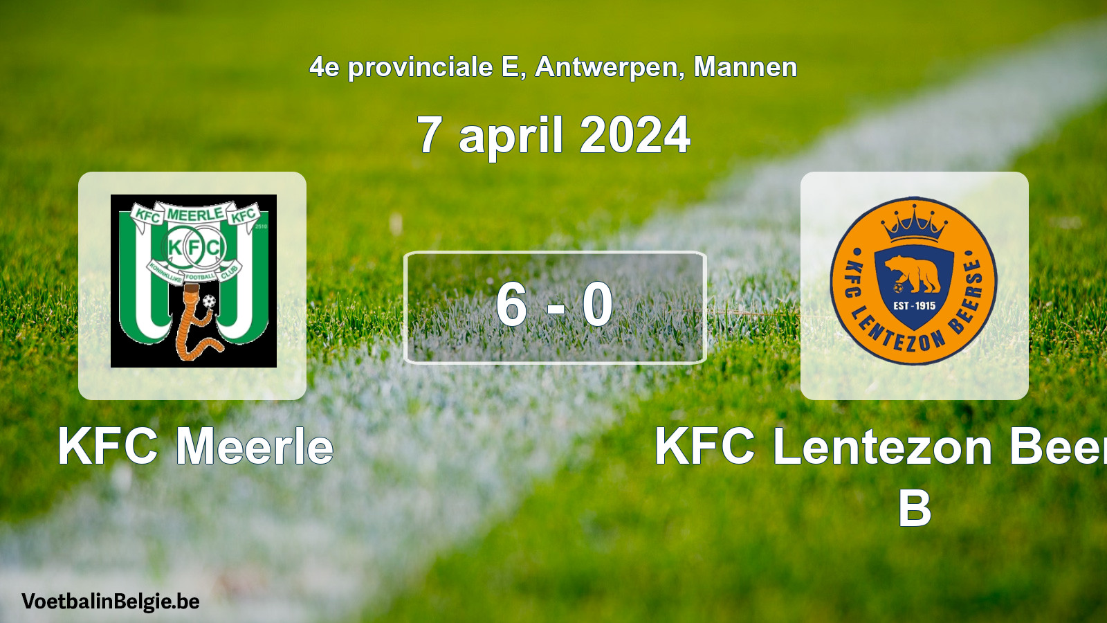 Gespeelde wedstrijd mannenvoetbal: KFC Meerle - KFC Lentezon Beerse B 6 - 0 (7 april 2024)