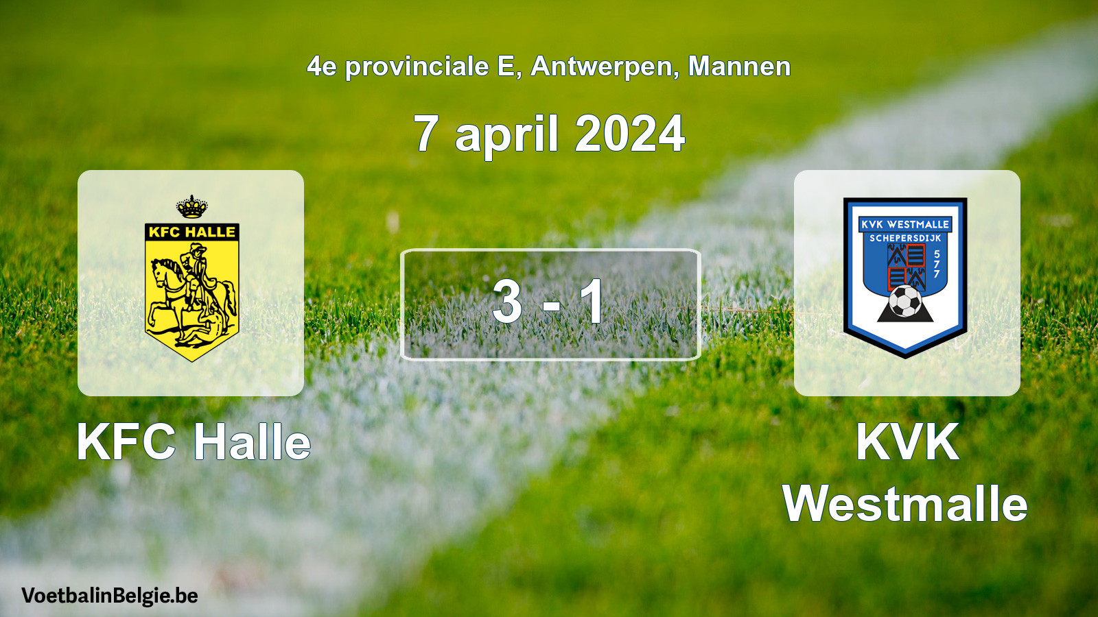Gespeelde wedstrijd mannenvoetbal: KFC Halle - KVK Westmalle 3 - 1 (7 april 2024)