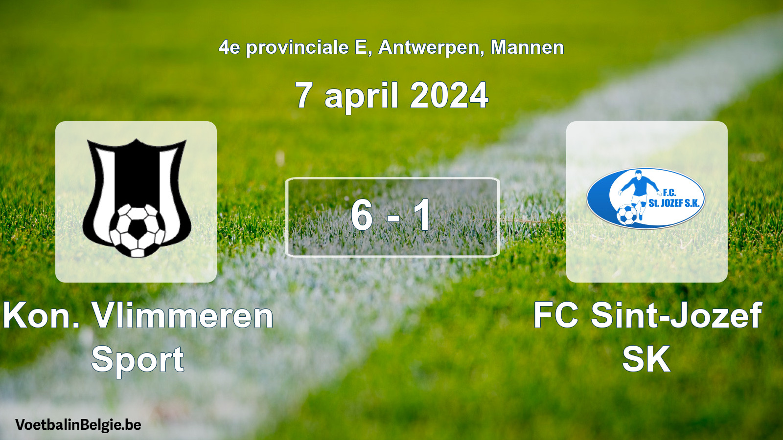 Gespeelde wedstrijd mannenvoetbal: Kon. Vlimmeren Sport - FC Sint-Jozef SK 6 - 1 (7 april 2024)