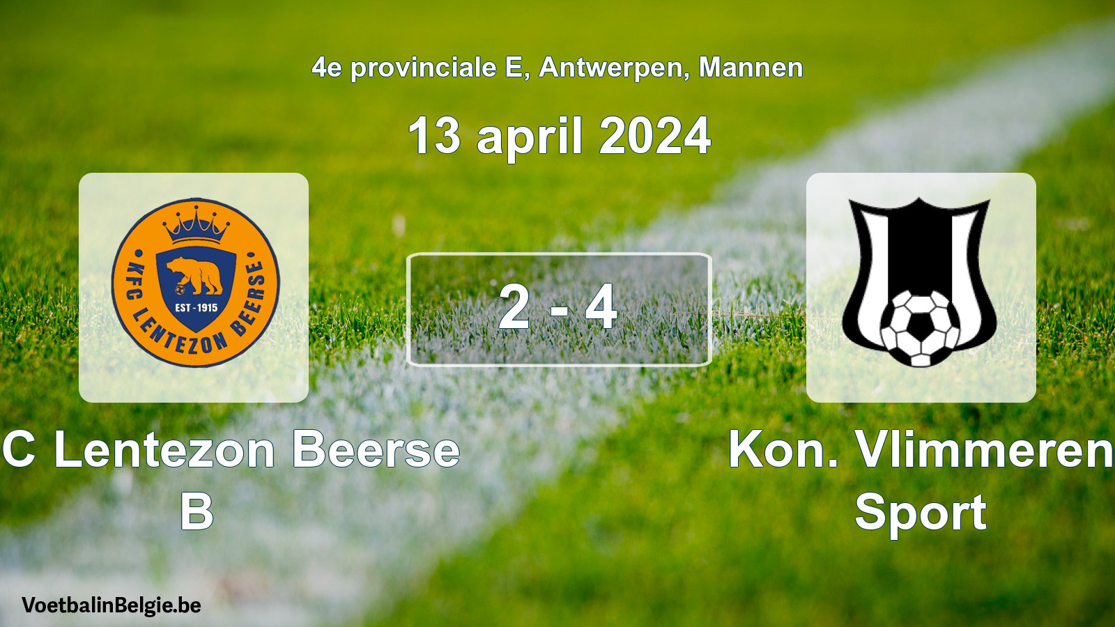 Gespeelde wedstrijd mannenvoetbal: KFC Lentezon Beerse B - Kon. Vlimmeren Sport 2 - 4 (13 april 2024)
