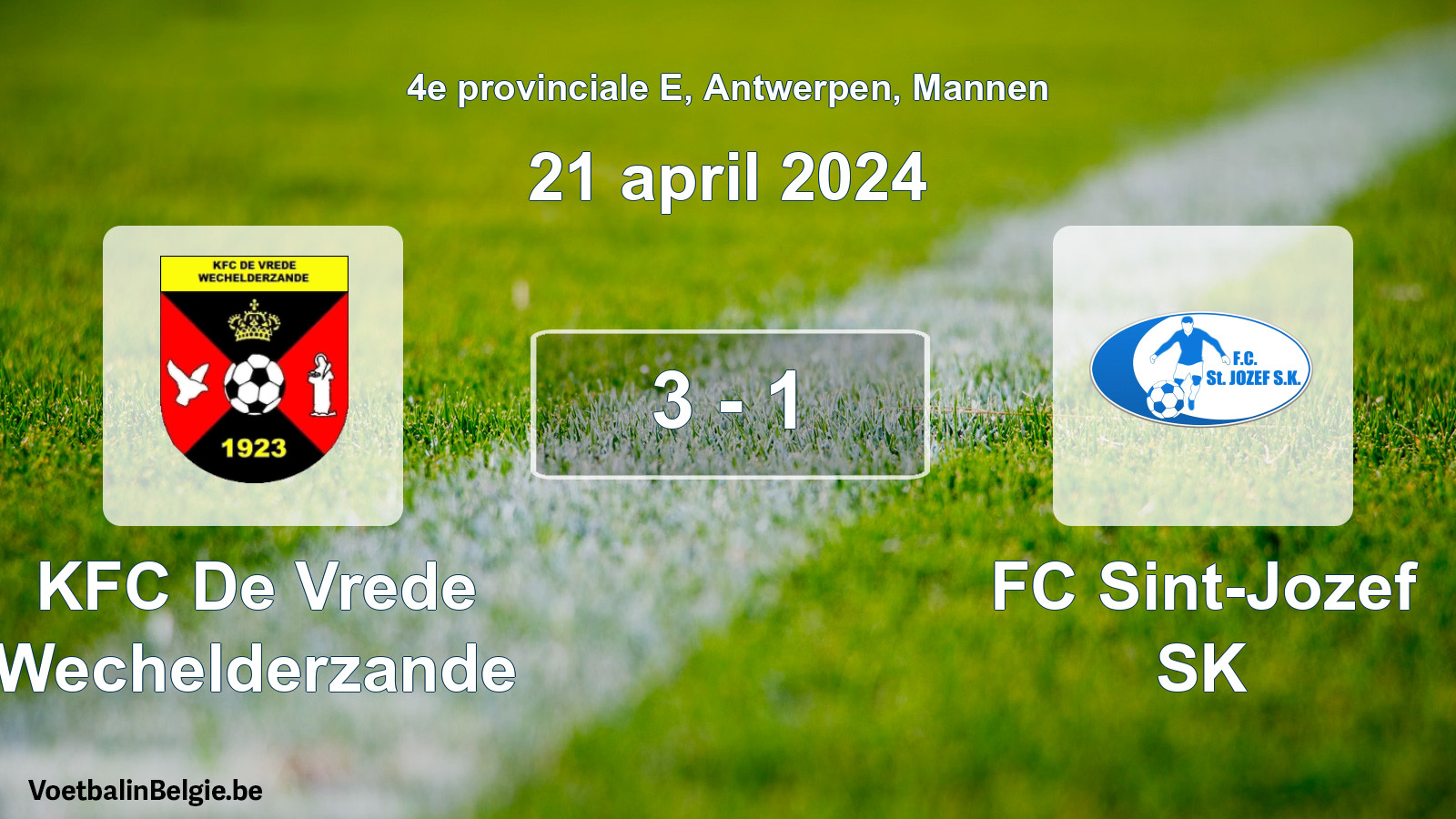Gespeelde wedstrijd mannenvoetbal: KFC De Vrede Wechelderzande - FC Sint-Jozef SK 3 - 1 (21 april 2024)