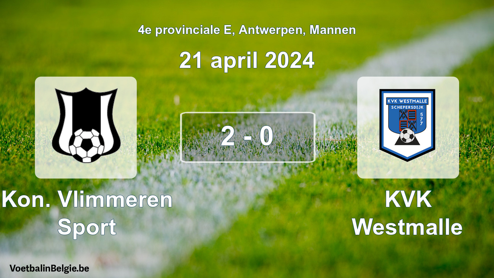 Gespeelde wedstrijd mannenvoetbal: Kon. Vlimmeren Sport - KVK Westmalle 2 - 0 (21 april 2024)