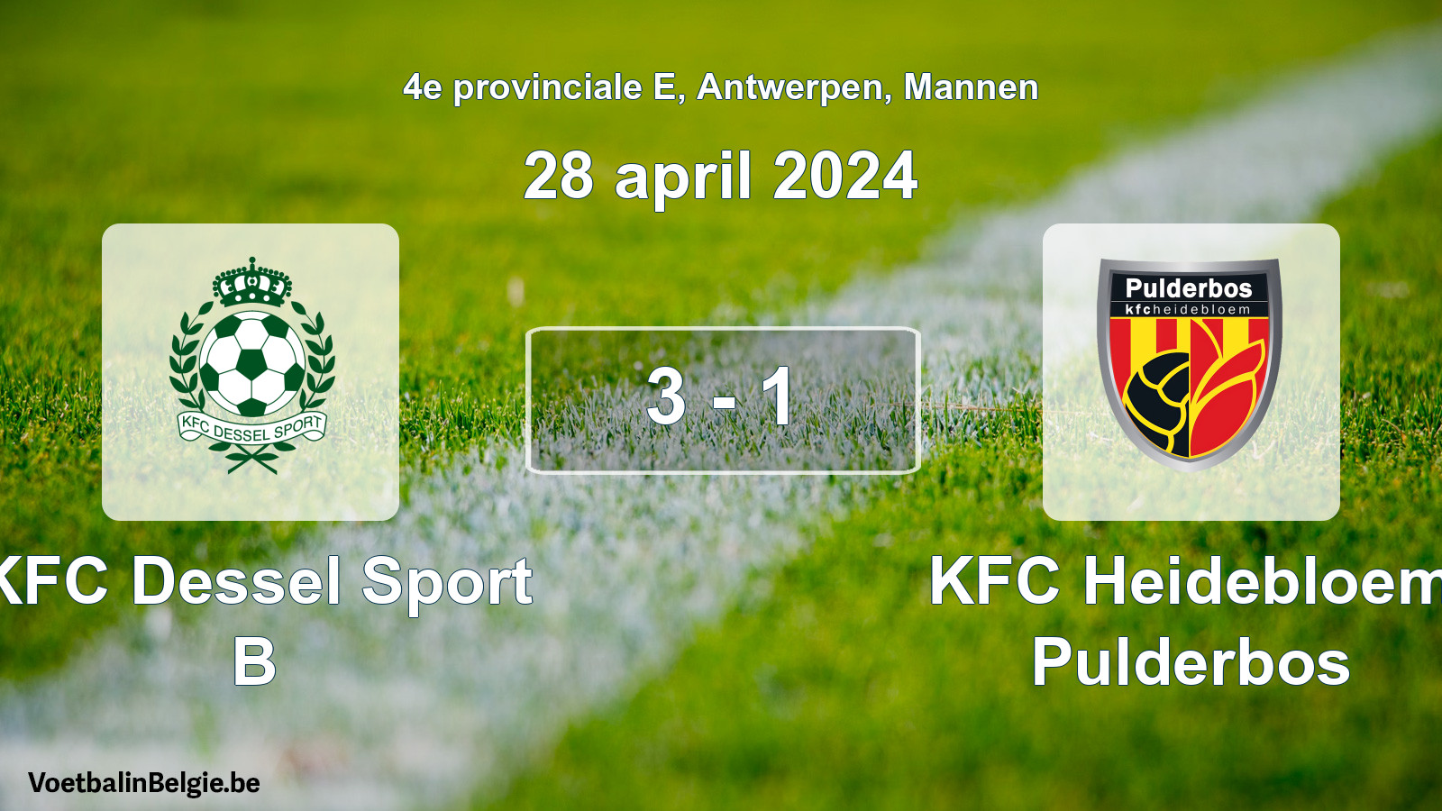 Gespeelde wedstrijd mannenvoetbal: KFC Dessel Sport B - KFC Heidebloem Pulderbos 3 - 1 (28 april 2024)