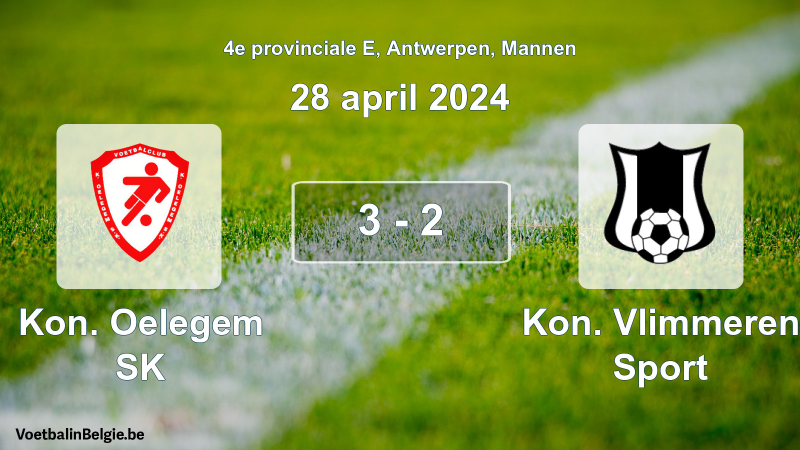 Gespeelde wedstrijd mannenvoetbal: Kon. Oelegem SK - Kon. Vlimmeren Sport 3 - 2 (28 april 2024)