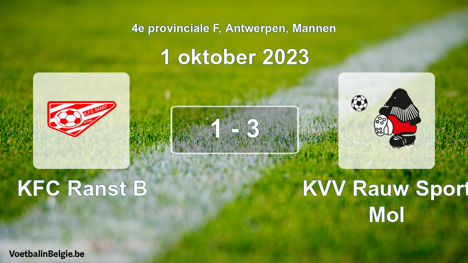 Gespeelde wedstrijd mannenvoetbal: KFC Ranst B - KVV Rauw Sport Mol 1 - 3 (1 oktober 2023)