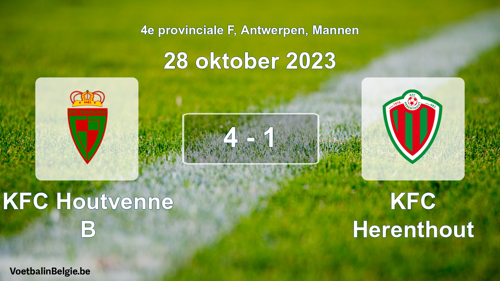 Gespeelde wedstrijd mannenvoetbal: KFC Houtvenne B - KFC Herenthout 4 - 1 (28 oktober 2023)