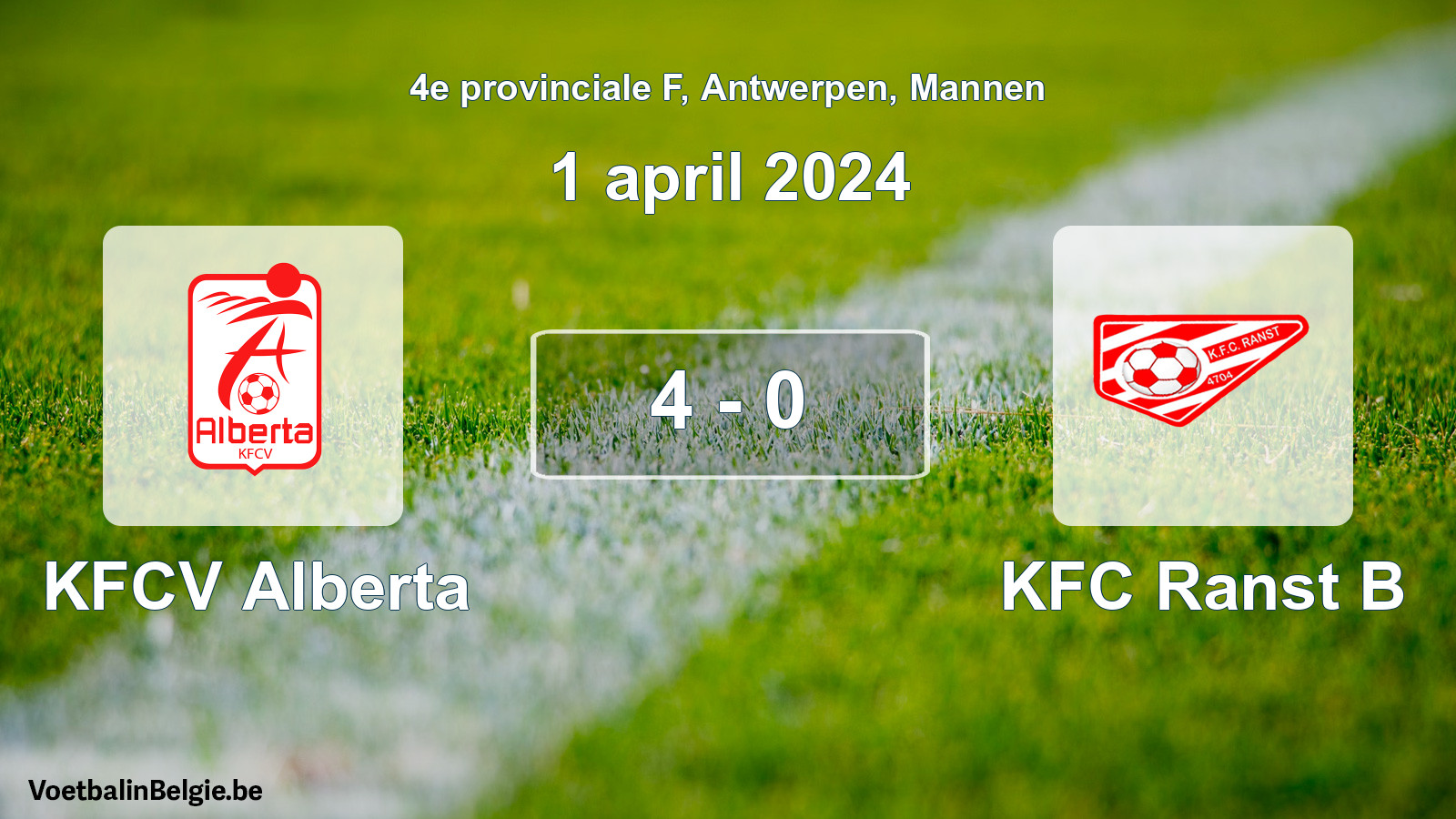 Gespeelde wedstrijd mannenvoetbal: KFCV Alberta - KFC Ranst B 4 - 0 (1 april 2024)