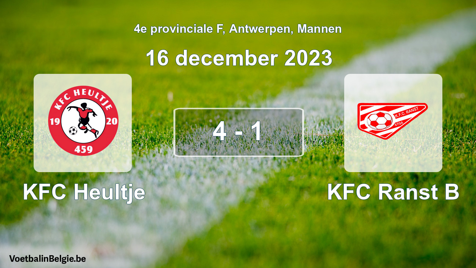 Gespeelde wedstrijd mannenvoetbal: KFC Heultje - KFC Ranst B 4 - 1 (16 december 2023)