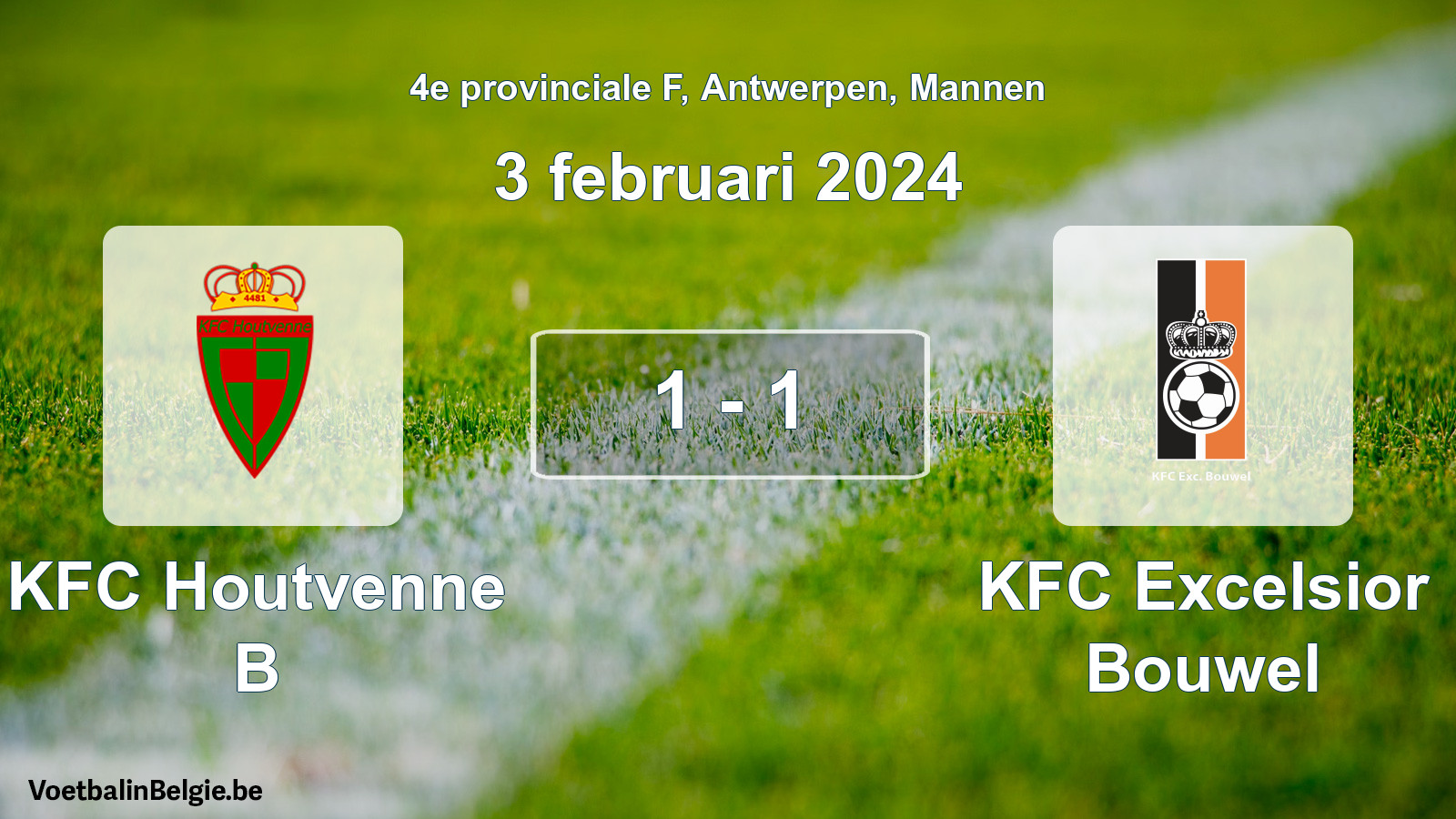 Gespeelde wedstrijd mannenvoetbal: KFC Houtvenne B - KFC Excelsior Bouwel 1 - 1 (3 februari 2024)