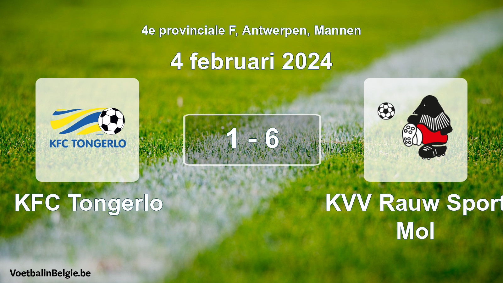 Gespeelde wedstrijd mannenvoetbal: KFC Tongerlo - KVV Rauw Sport Mol 1 - 6 (4 februari 2024)