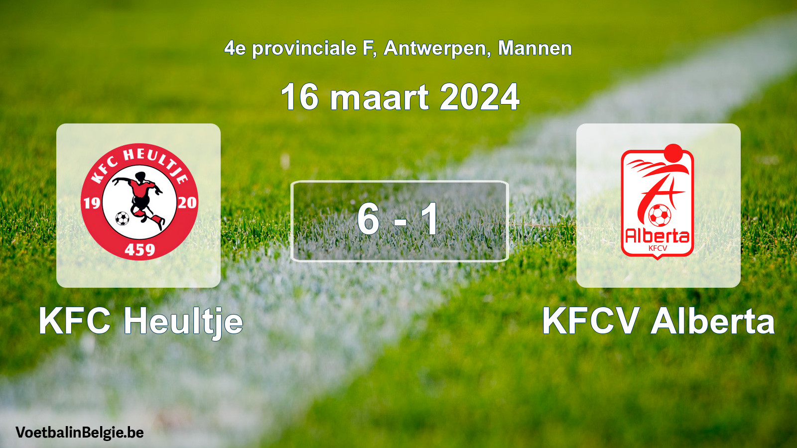 Gespeelde wedstrijd mannenvoetbal: KFC Heultje - KFCV Alberta 6 - 1 (16 maart 2024)
