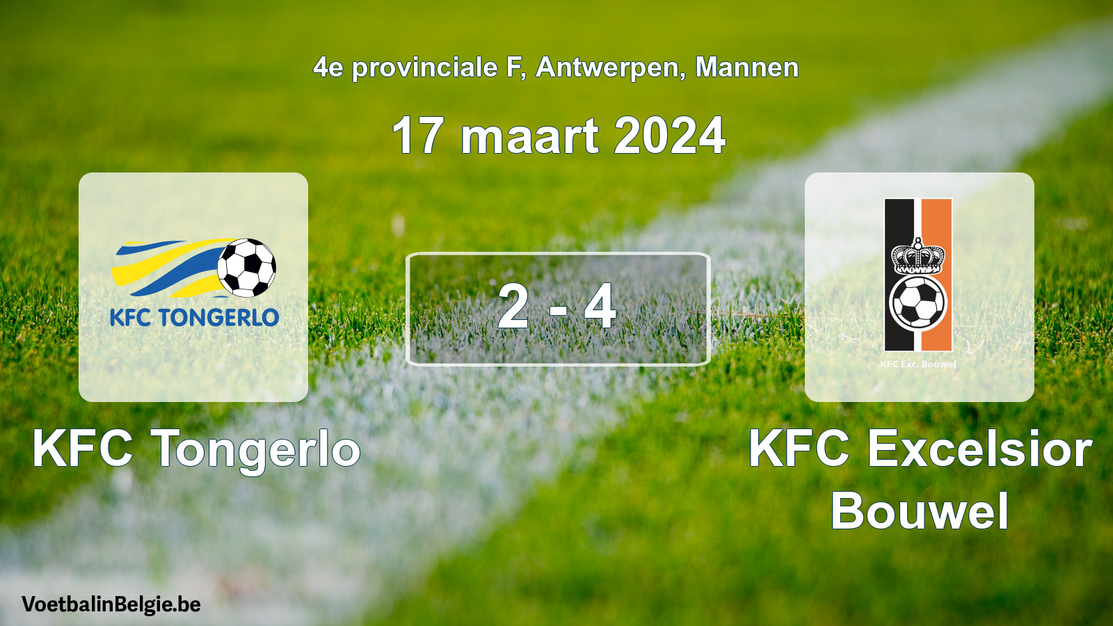 Gespeelde wedstrijd mannenvoetbal: KFC Tongerlo - KFC Excelsior Bouwel 2 - 4 (17 maart 2024)