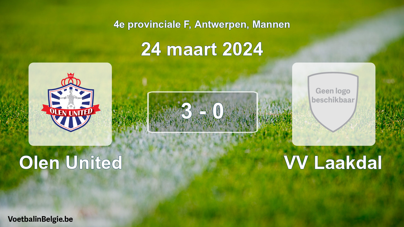 Gespeelde wedstrijd mannenvoetbal: Olen United - VV Laakdal 3 - 0 (24 maart 2024)