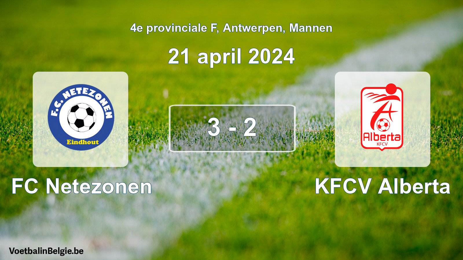 Gespeelde wedstrijd mannenvoetbal: FC Netezonen - KFCV Alberta 3 - 2 (21 april 2024)