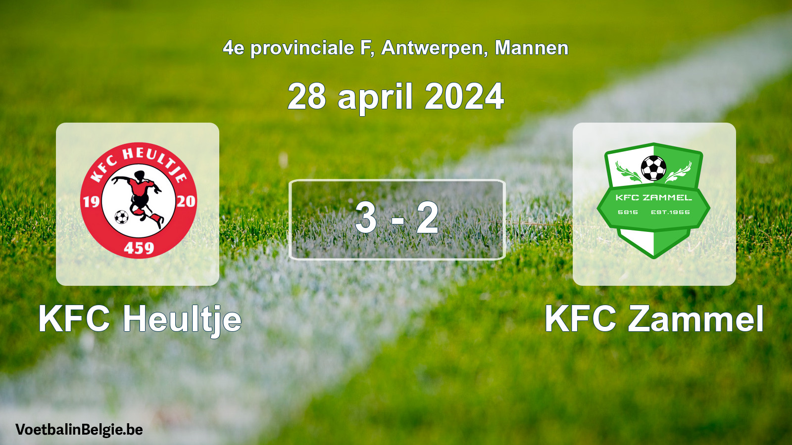 Gespeelde wedstrijd mannenvoetbal: KFC Heultje - KFC Zammel 3 - 2 (28 april 2024)