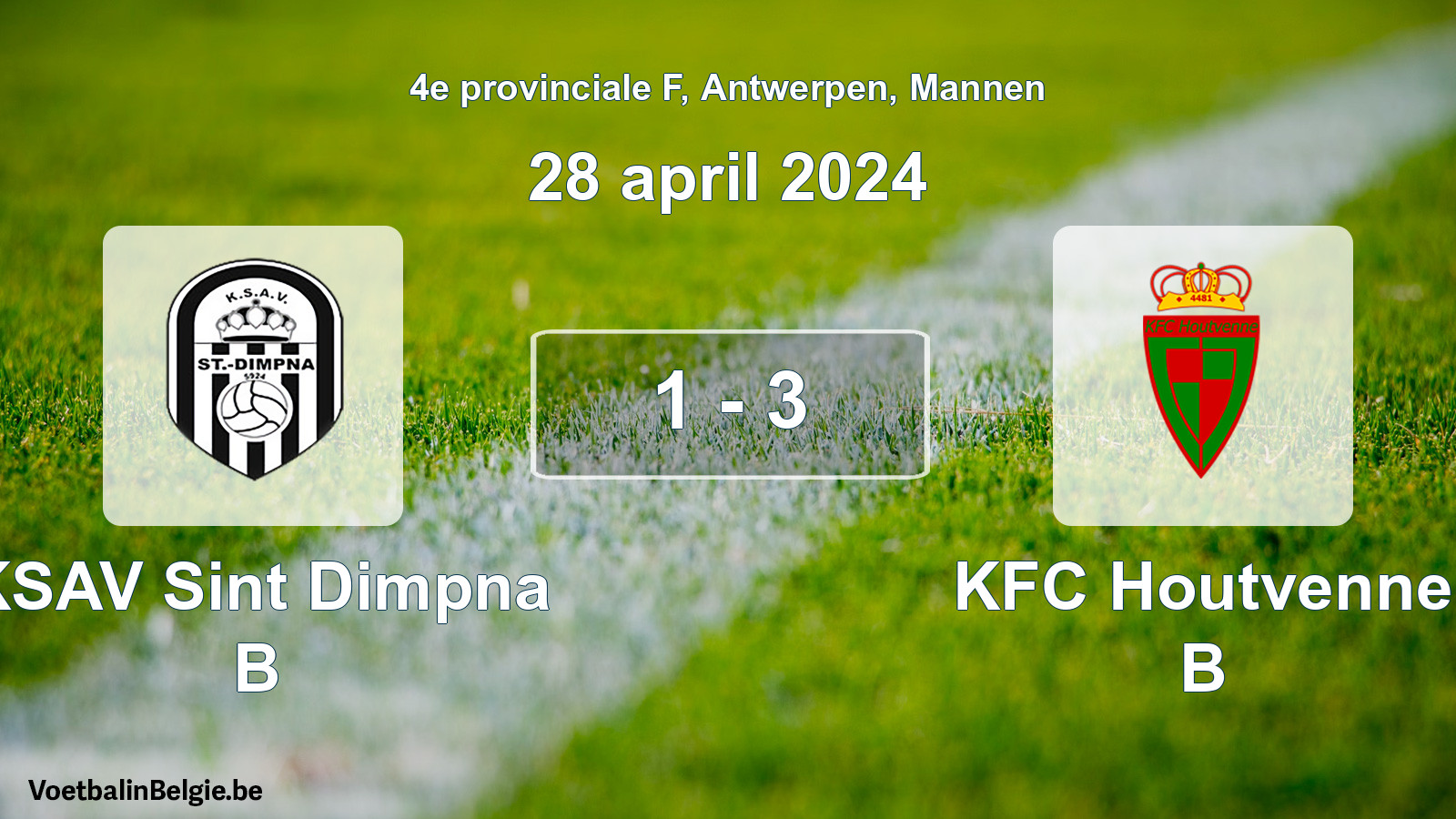 Gespeelde wedstrijd mannenvoetbal: KSAV Sint Dimpna B - KFC Houtvenne B 1 - 3 (28 april 2024)