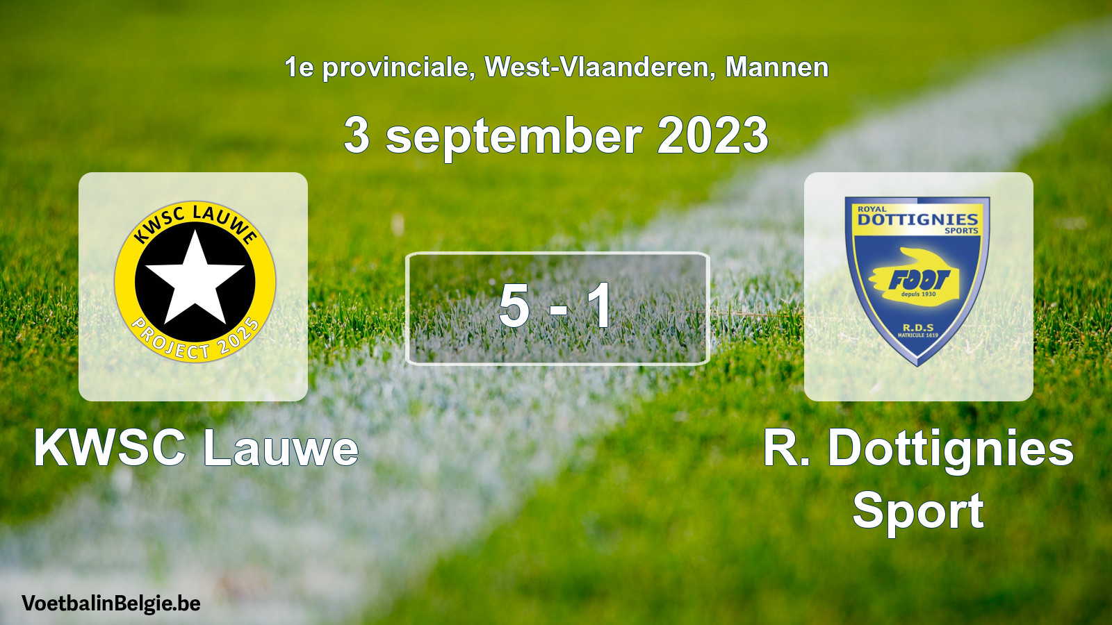 Gespeelde wedstrijd mannenvoetbal: KWSC Lauwe - R. Dottignies Sport 5 - 1 (3 september 2023)