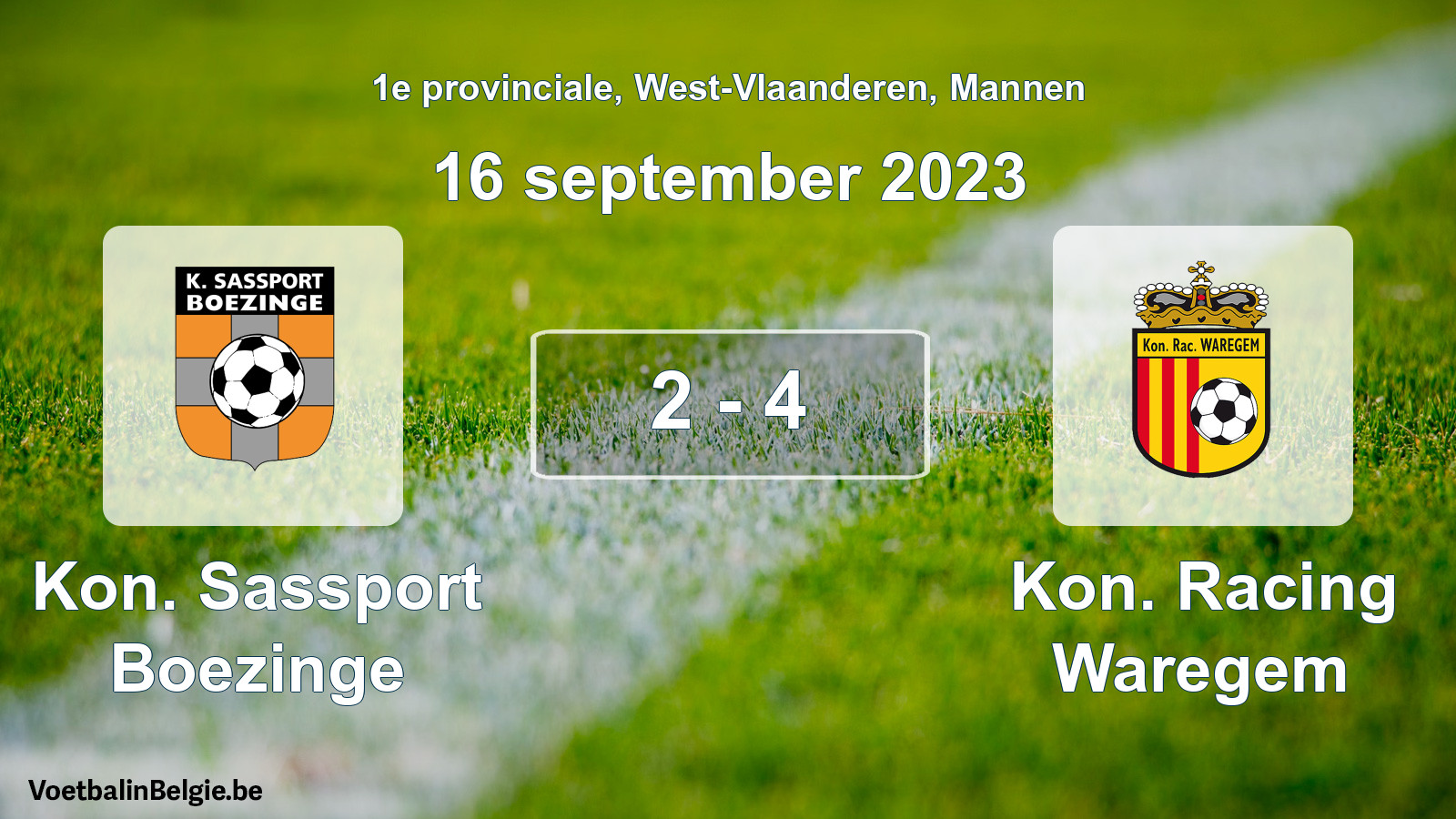 Gespeelde wedstrijd mannenvoetbal: Kon. Sassport Boezinge - Kon. Racing Waregem 2 - 4 (16 september 2023)