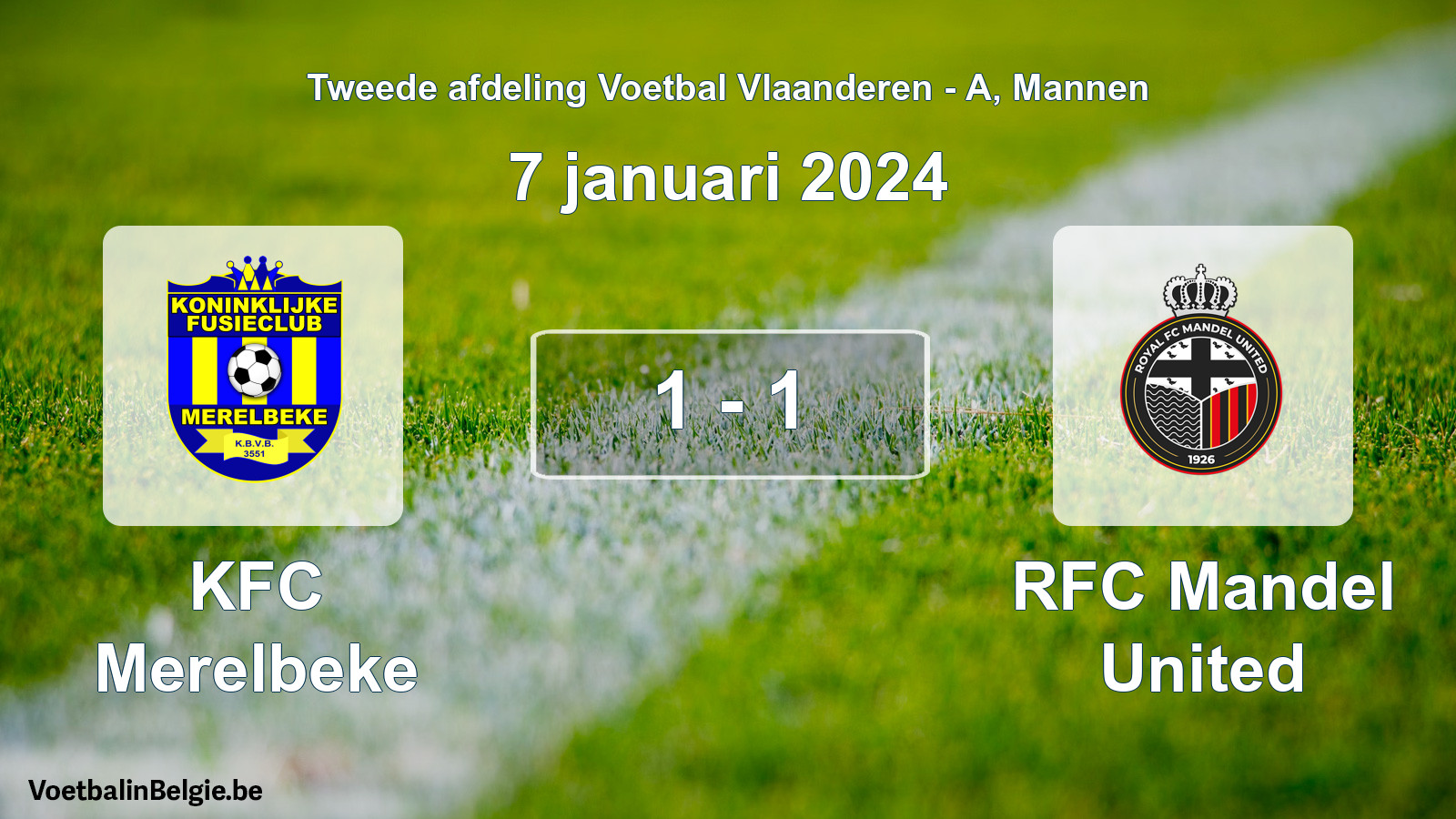Gespeelde wedstrijd mannenvoetbal: KFC Merelbeke - RFC Mandel United 1 - 1 (7 januari 2024)