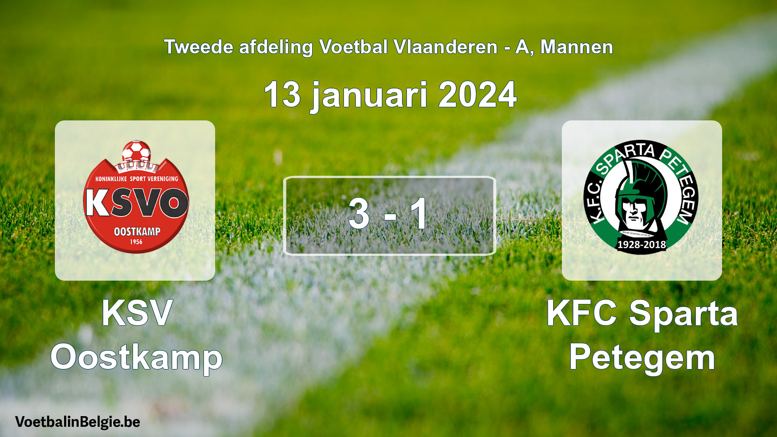 Gespeelde wedstrijd mannenvoetbal: KSV Oostkamp - KFC Sparta Petegem 3 - 1 (13 januari 2024)