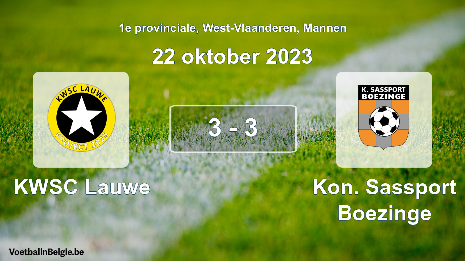 Gespeelde wedstrijd mannenvoetbal: KWSC Lauwe - Kon. Sassport Boezinge 3 - 3 (22 oktober 2023)